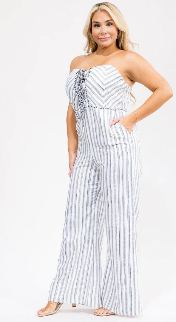 Jumpsuit Strapless Rayas Azul y Blanco Plus Size